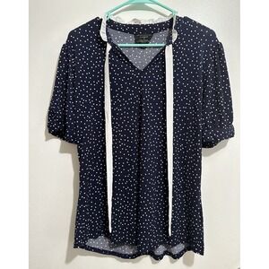90s Vintage Short Sleeve White Polka Dot Tie Up Bow Sailor Blouse Navy Blue